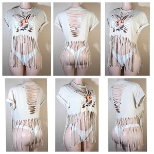 PLAYBOY Cream Fringe Short Sleeve Tee